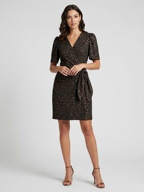 Alex Marie Metallic Jacquard Leopard Print Faux Wrap Dress Side Bow - Size 16
